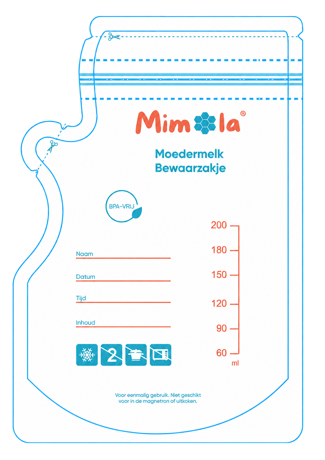 Mimola moedermelk bewaarzakje met maataanduiding tot 200 milliliter